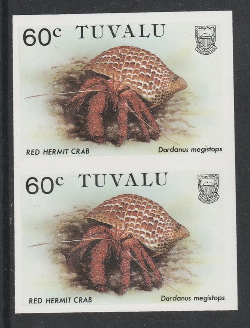 Tuvalu 1986 Crabs 60c (Red Hermit Crab) imperf pair unmounted mint, as SG 375, stamps on crabs, stamps on marine-life