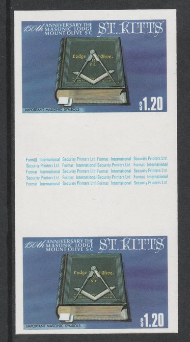 St Kitts 1985 Masonic Lodge $1.20 (Masonic Symbols) imperf gutter pair unmounted mint from uncut proof sheet, as SG 179. Note: The design withing the gutter varies across..., stamps on masonics, stamps on rotary, stamps on masonry