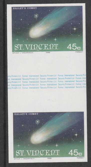 St Vincent 1986 Halley's Comet 45c (Comet) imperf gutter pair unmounted mint from uncut proof sheet, as SG 973. Note: The design withing the gutter varies across the sheet, therefore, the one you receive  may differ from that shown in the illustration., stamps on space, stamps on halley
