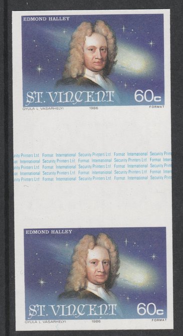 St Vincent 1986 Halley's Comet 60c (Edmond Halley) imperf gutter pair unmounted mint from uncut proof sheet, as SG 974. Note: The design withing the gutter varies across the sheet, therefore, the one you receive  may differ from that shown in the illustration., stamps on space, stamps on halley