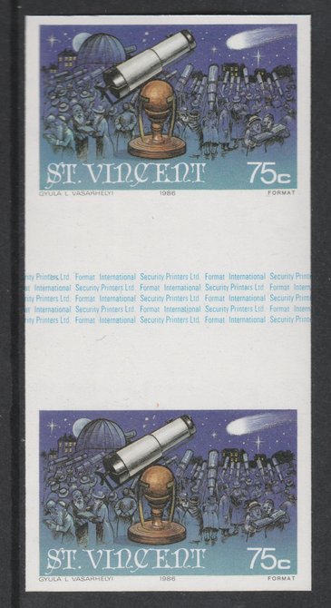 St Vincent 1986 Halley's Comet 75c (Newton's Telescope) imperf gutter pair unmounted mint from uncut proof sheet, as SG 975. Note: The design withing the gutter varies across the sheet, therefore, the one you receive  may differ from that shown in the illustration., stamps on space, stamps on halley