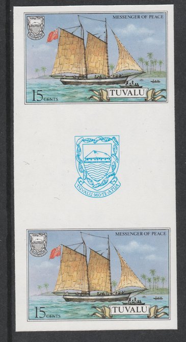 Tuvalu 1986 Ships #3 Schooner Messenger of Peace 15c imperf gutter pair unmounted mint from uncut proof sheet, as SG 377. Note: The design withing the gutter varies acros..., stamps on ships, stamps on peace