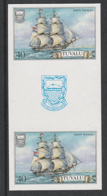 Tuvalu 1986 Ships #3 Brig John Wesley 40c imperf gutter pair unmounted mint from uncut proof sheet, as SG 378. Note: The design withing the gutter varies across the sheet, therefore, the one you receive  may differ from that shown in the illustration., stamps on ships, stamps on peace