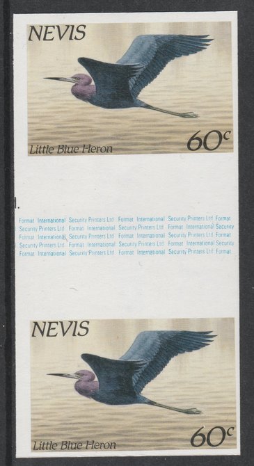 Nevis 1985 Hawks & Herons 60c (Little Blue Heron) imperf gutter pair unmounted mint from uncut proof sheet, as SG 267. Note: The design withing the gutter varies across the sheet, therefore, the one you receive  may differ from that shown in the illustration., stamps on birds, stamps on birds of prey