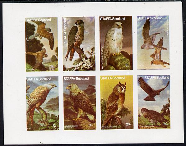 Staffa 1977 Birds of Prey #01 imperf  set of 8 values unmounted mint (1.5p to 40p), stamps on , stamps on  stamps on birds, stamps on  stamps on birds of prey, stamps on  stamps on kestrel, stamps on  stamps on hobby, stamps on  stamps on harrier, stamps on  stamps on kite, stamps on  stamps on buzzard, stamps on  stamps on owls, stamps on  stamps on falcon
