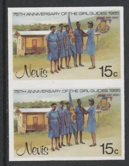 Nevis 1985 Girl Guides - Guides & Headquarters 15c imperf pair unmounted mint as SG 293, stamps on scouts      royalty