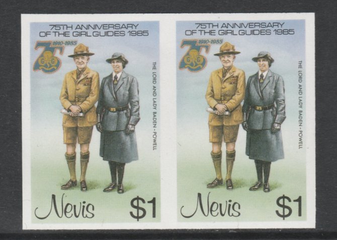 Nevis 1985 Girl Guides - Lord & Lady Baden-Powell $1 imperf pair unmounted mint as SG 295, stamps on , stamps on  stamps on scouts      royalty