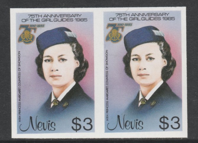 Nevis 1985 Girl Guides - Princess Margaret in Guide Uniform $3 imperf pair unmounted mint as SG 296, stamps on scouts      royalty