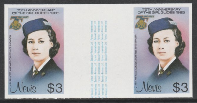 Nevis 1985 Girl Guides - Princess Margaret in Guide Uniform $3 imperf gutter pair (from uncut archive sheet) unmounted mint as SG 296. Note: The design within the gutter varies across the sheet, therefore, the one you receive  may differ from that shown in the illustration., stamps on scouts      royalty