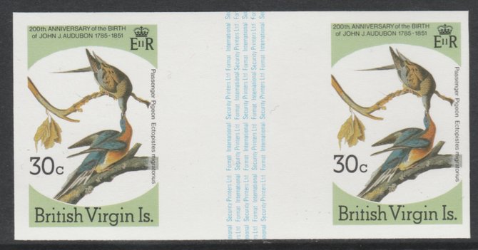 British Virgin Islands 1985 John Audubon Birds 30c Passenger Pigeon imperf gutter pair (from uncut archive sheet) (as SG 589) unmounted mint. Note: The design withing the gutter varies across the sheet, therefore, the one you receive  may differ from that shown in the illustration., stamps on audubon, stamps on birds, stamps on pigeons