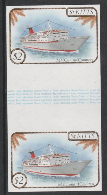 St Kitts 1985 Ships $2 (Cunard Liner) imperf gutter pair (from uncut archive sheet) (SG 176var) unmounted mint. Note: The design withing the gutter varies across the sheet, therefore, the one you receive  may differ from that shown in the illustration., stamps on ships