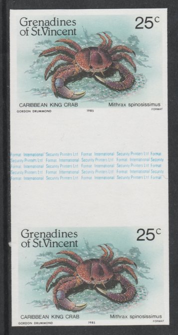 St Vincent - Grenadines 1985 Shell Fish 25c (King Crab) imperf gutter pair (from uncut archive sheet) unmounted mint, SG 360var. Note: The design withing the gutter varies across the sheet, therefore, the one you receive  may differ from that shown in the illustration., stamps on crabs   marine-life