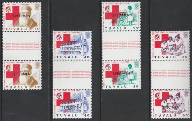 Tuvalu 1988 Red Cross set of 4 overprinted SPECIMEN in unmounted mint gutter pairs (as SG 518-21) , stamps on medical, stamps on red cross, stamps on nurses