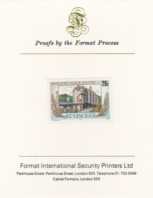 St Vincent 1985 Flour Milling 20c Silos & Conveyor Belt as SG 928, imperf proof mounted on Format International proof card , stamps on xxx