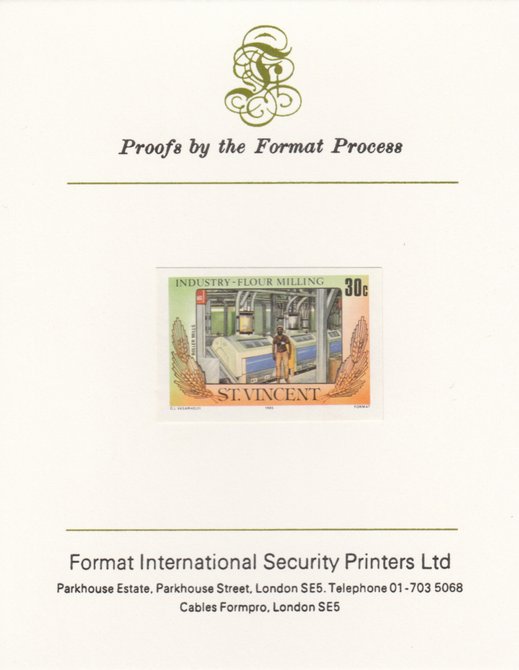 St Vincent 1985 Flour Milling 30c Roller Mills as SG 929, imperf proof mounted on Format International proof card , stamps on xxx