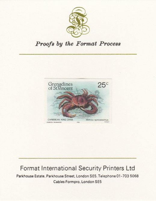 St Vincent - Grenadines 1985 Shell Fish 25c King Crab as SG 360, imperf proof mounted on Format International proof card , stamps on , stamps on  stamps on st vincent - grenadines 1985 shell fish 25c king crab as sg 360, stamps on  stamps on  imperf proof mounted on format international proof card 