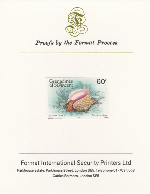 St Vincent - Grenadines 1985 Shell Fish 60c Queen Conch as SG 361, imperf proof mounted on Format International proof card , stamps on , stamps on  stamps on st vincent - grenadines 1985 shell fish 60c queen conch as sg 361, stamps on  stamps on  imperf proof mounted on format international proof card 