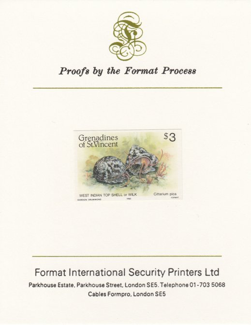 St Vincent - Grenadines 1985 Shell Fish $3 West Indian Top Shell as SG 363, imperf proof mounted on Format International proof card , stamps on xxx