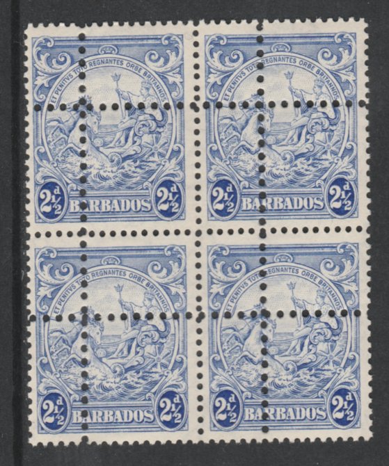 Barbados 1938-47 Badge of Colony 2.5d ultramarine block of 4 with double perfs (stamps are quartered)  SG 251/a. Note: the stamps are genuine but the additional perfs are a slightly different gauge identifying it to be a forgery., stamps on badges, stamps on horses, stamps on  kg6 , stamps on 