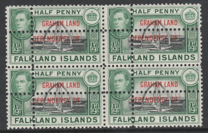 Falkland Islands Dependencies - Graham Land 1944 KG6 1/2d black & green block of 4 with double perfs (stamps are quartered). Note: the stamps are genuine but the addition..., stamps on , stamps on  kg6 , stamps on whales