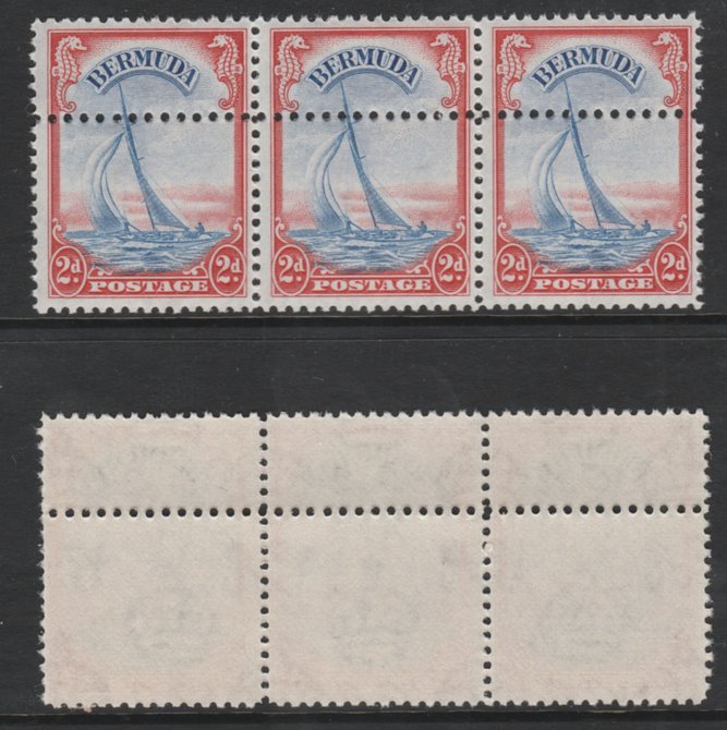 Bermuda 1938-52 KG6 Yacht 2d ultramarine & scarlet (SG 112a) unmounted mint strip of 3 with additional row of horiz perfs. Note: the stamps are genuine but the additional perfs are a slightly different gauge identifying it to be a forgery., stamps on ships, stamps on yachting, stamps on sailing, stamps on  kg6 , stamps on 