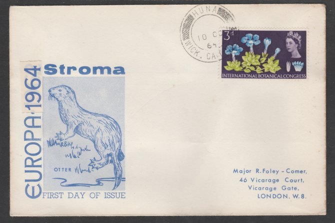 Stroma 1964 Europa cover to London bearing Botanical 3d stamp cancelled Huna cds being the correct rate for UK delivery. Note: I have several of these covers so the one you receive may be slightly different to the one illustrated, stamps on fish     europa