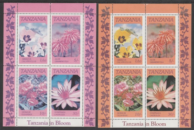 Tanzania 1986 Flowers perf m/sheet with yellow omitted plus normal, both unmounted mint (as SG MS 478), stamps on flowers