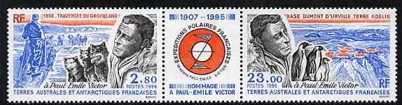 French Southern & Antarctic Territories 1996 Paul-Emile Victor commemoration se-tenant strip with label between, unmounted mint, SG 351-52, stamps on polar, stamps on explorers, stamps on penguins, stamps on dogs
