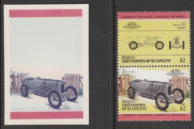 St Vincent - Bequia 1985 Cars #3 Benz-Blitzen $2 - Cromalin se-tenant die proof pair in red and blue only (missing Country name, inscription & value) ex Format International archives complete with issued stamp, stamps on cars       benz blitzen    