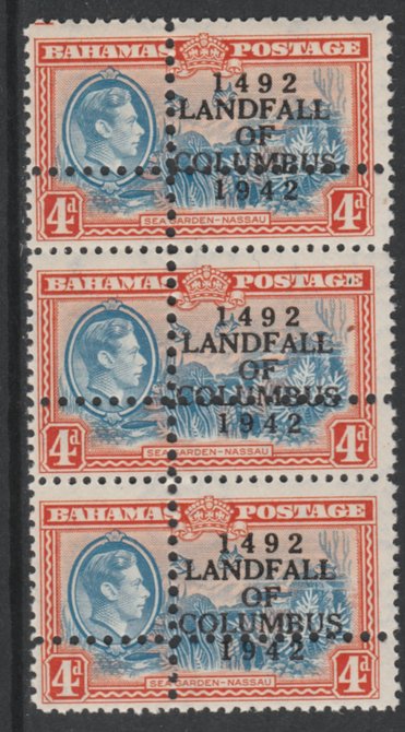 Bahamas 1942 KG6 Landfall of Columbus 4d blue & orange (Sea Garden) unmounted mint vert strip of 3 with perforations doubled (stamps are quartered) Note: the stamps are genuine but the additional perfs are a slightly different gauge identifying it to be a forgery., stamps on , stamps on  kg6 , stamps on varieties, stamps on columbus, stamps on explorers, stamps on marine life