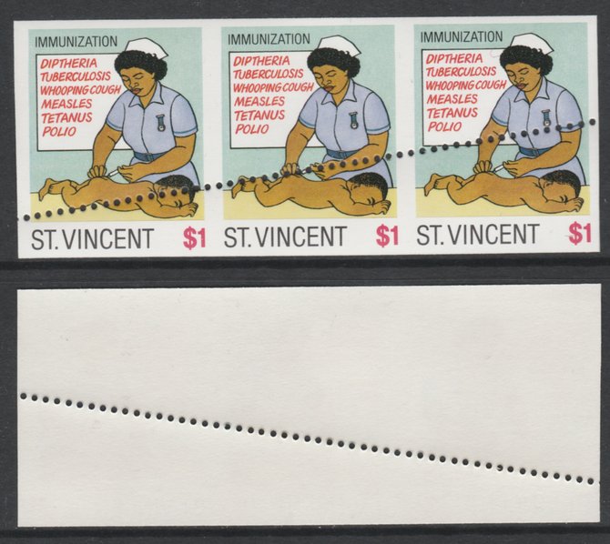 St Vincent 1987 Child Health $1 (as SG 1052) unmounted mint imperf strip of 3 with stray horizontal row of perfs applied obliquely, stamps on children, stamps on medical, stamps on nurses, stamps on clocks