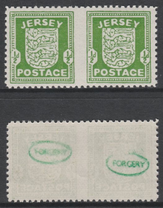 Jersey 1941-43 Arms 1/2d green horizontal pair imperf between unmounted mint as SG1b. Note the stamps are probable reprints but the perforations are the wrong gauge identifying the item as a forgery and has been so marked on the gummed side (original imperf between cat Â£800), stamps on , stamps on  ww2 , stamps on 