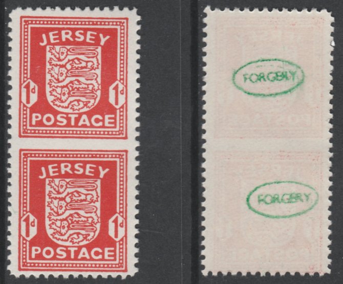 Jersey 1941-43 Arms 1d scarlet vertical pair imperf between unmounted mint as SG2a. Note the stamps are probable reprints but the perforations are the wrong gauge identifying the item as a forgery and has been so marked on the gummed side (original imperf between cat Â£900), stamps on , stamps on  stamps on , stamps on  stamps on  ww2 , stamps on  stamps on 