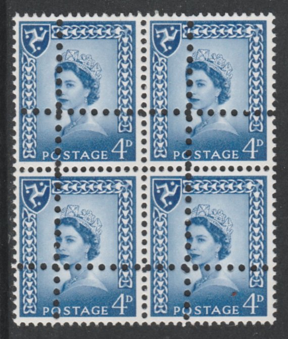 Isle of Man 1967 Regional 4d ultramarine (2 phos bands) block of 4 with perforations doubled (stamps are quartered) an attractive and interesting modern forgery, unmounte..., stamps on 