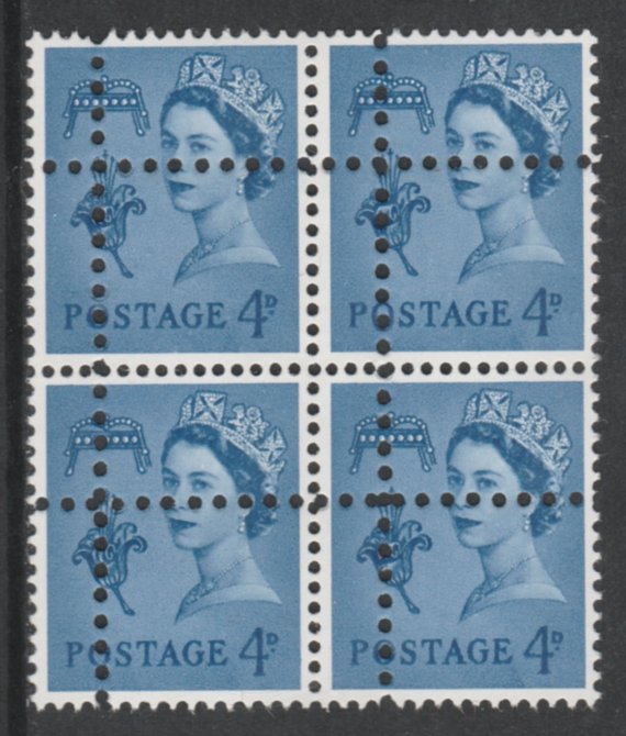 Jersey 1967 Regional 4d ultramarine (2 phos bands) block of 4 with perforations doubled (stamps are quartered) an attractive and interesting modern forgery, unmounted mint, SG11pvar. Note: the stamps are genuine but the additional perfs are a slightly different gauge identifying it to be a forgery., stamps on 