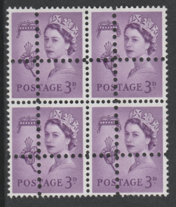 Jersey 1967 Regional 3d deep lilac (centre phos band) block of 4 with perforations doubled (stamps are quartered) an attractive and interesting modern forgery, unmounted ..., stamps on 