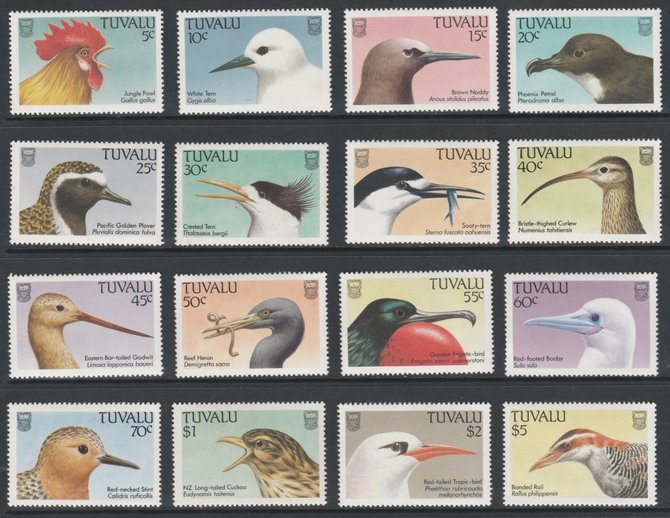 Tuvalu 1988 Birds definitive set of 16 values complete unmounted mint, SG 502-17 , stamps on birds, stamps on jungle fowl, stamps on tern, stamps on noddy, stamps on petrel, stamps on plover, stamps on curlew, stamps on godwit, stamps on heron, stamps on frigate, stamps on booby, stamps on sandpiper, stamps on cuckoo, stamps on tropic, stamps on rail