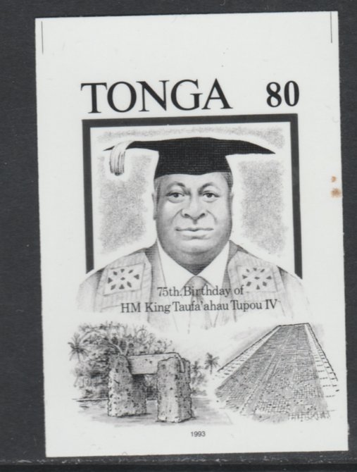 Tonga 1993 King & Ancient Landmarks 80p (from 75th Birthday set) B&W photographic Proof as SG 1247, stamps on 