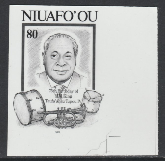Tonga - Niuafoou 1993 King & Musical Instruments 80p (from 75th Birthday set) B&W photographic Proof as SG 191, stamps on 