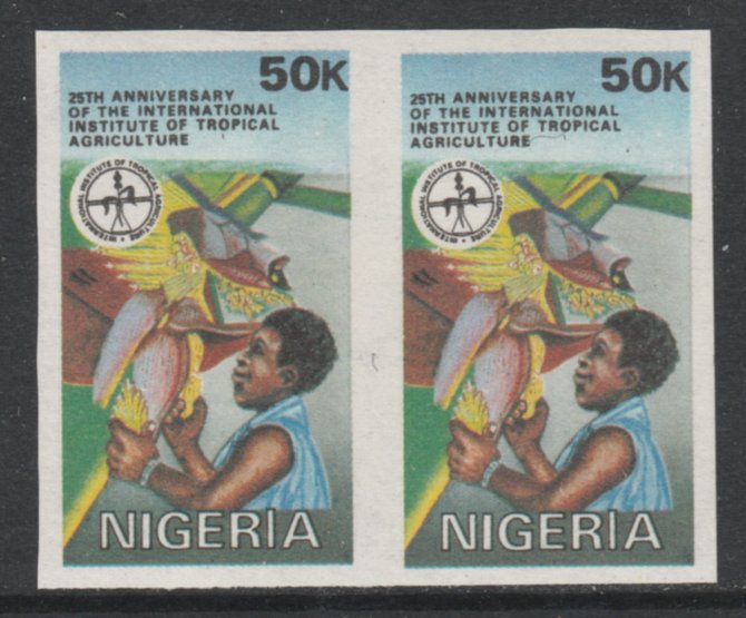 Nigeria 1992 Tropical Agriculture 50k  Gathering Plantain Fruit imperf pair unmounted mint SG 633var, stamps on agriculture