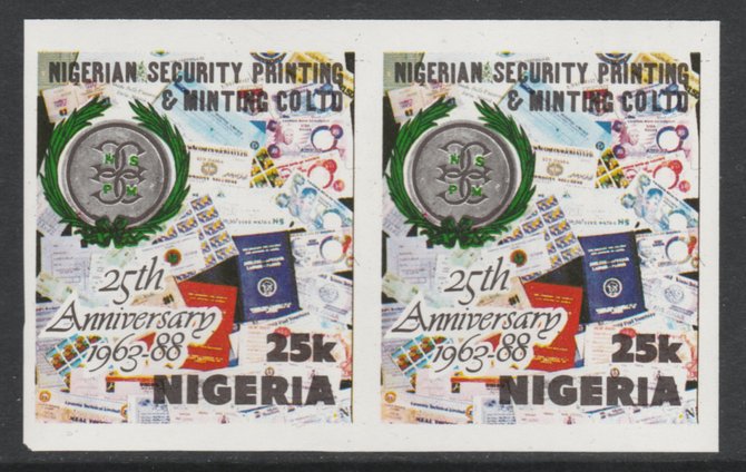 Nigeria 1988 Printing & Minting 25k Montage of Products imperf pair unmounted mint SG 570var, stamps on banking  coins  printing