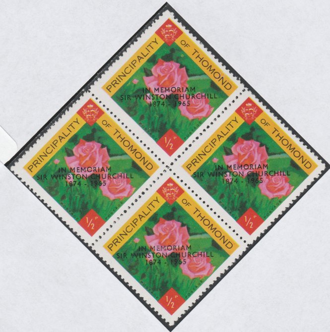 Thomond 1965 Roses 1/2p (Diamond shaped) with Sir Winston Churchill - In Memorium overprint in black unmounted mint block of 4, slight off-set from overprint on gummed si..., stamps on flowers, stamps on roses, stamps on churchill