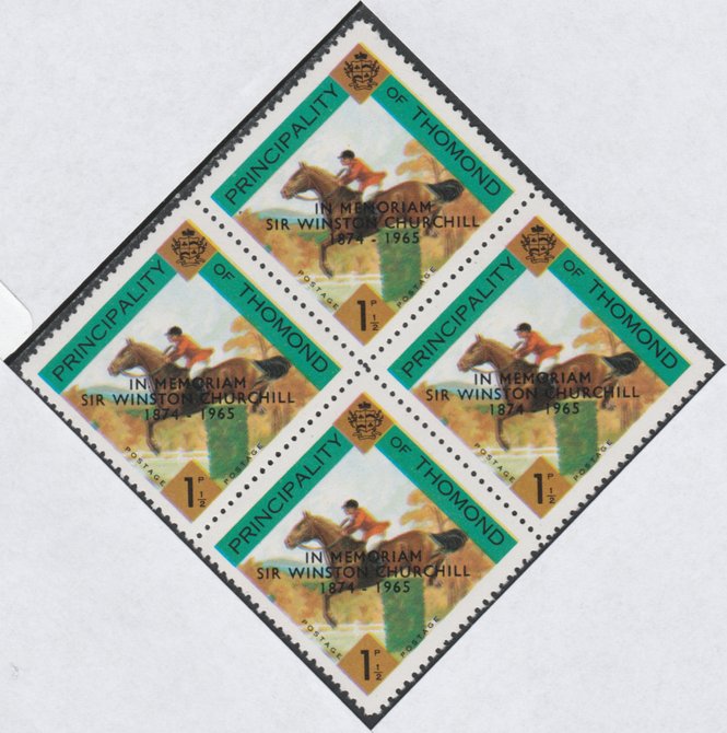 Thomond 1965 Show jumping 1.5d (Diamond-shaped) with Sir Winston Churchill - In Memorium overprint in black unmounted mint block of 4, slight off-set from overprint on gu..., stamps on horses, stamps on churchill
