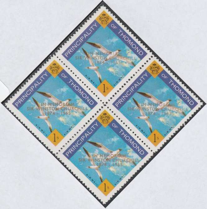 Thomond 1965 Sea Gulls 1s (Diamond shaped) with 'Sir Winston Churchill - In Memorium' overprint in gold unmounted mint block of 4, slight off-set from overprint on gummed side, stamps on birds, stamps on churchill, stamps on 