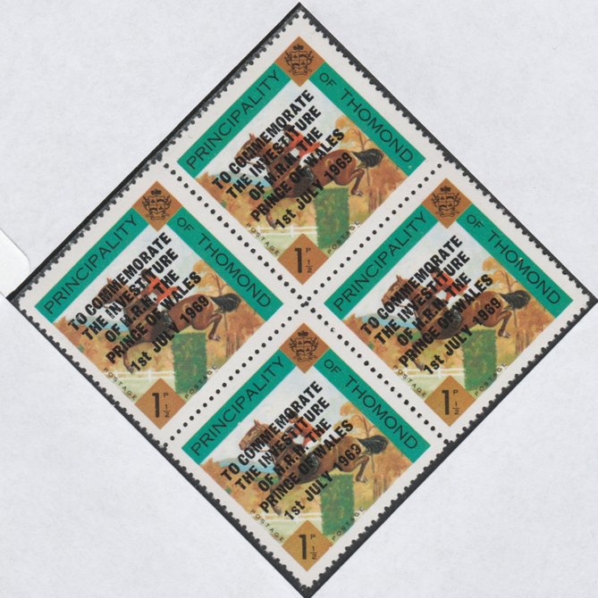 Thomond 1969 Show jumping 1.5d (Diamond shaped) opt'd 'Investiture of Prince of Wales', unmounted mint block of 4, slight off-set from overprint on gummed side, stamps on sport, stamps on horses, stamps on royalty, stamps on charles