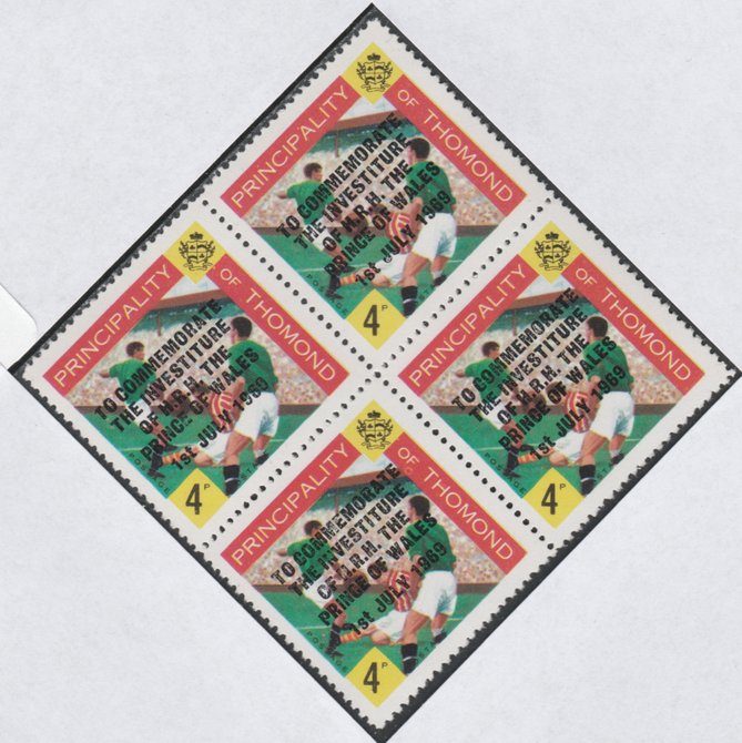 Thomond 1969 Football 4d (Diamond shaped) optd Investiture of Prince of Wales, unmounted mint block of 4, slight off-set from overprint on gummed side, stamps on sport, stamps on football, stamps on royalty, stamps on charles