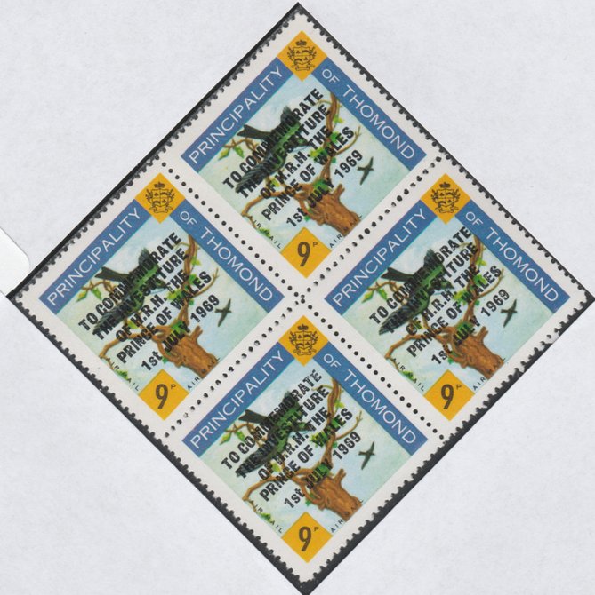 Thomond 1969 Martin 9d (Diamond shaped) opt'd 'Investiture of Prince of Wales', unmounted mint block of 4, slight off-set from overprint on gummed side, stamps on birds, stamps on royalty, stamps on charles, stamps on martin