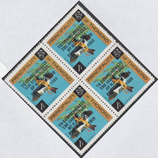 Thomond 1969 Birds 1s6d (Diamond shaped) optd Investiture of Prince of Wales, unmounted mint block of 4, slight off-set from overprint on gummed side, stamps on birds, stamps on royalty, stamps on charles