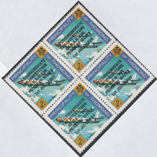 Thomond 1969 Jet Liner 2s (Diamond shaped) opt'd 'Investiture of Prince of Wales', unmounted mint block of 4, slight off-set from overprint on gummed side, stamps on , stamps on  stamps on aviation, stamps on royalty, stamps on charles