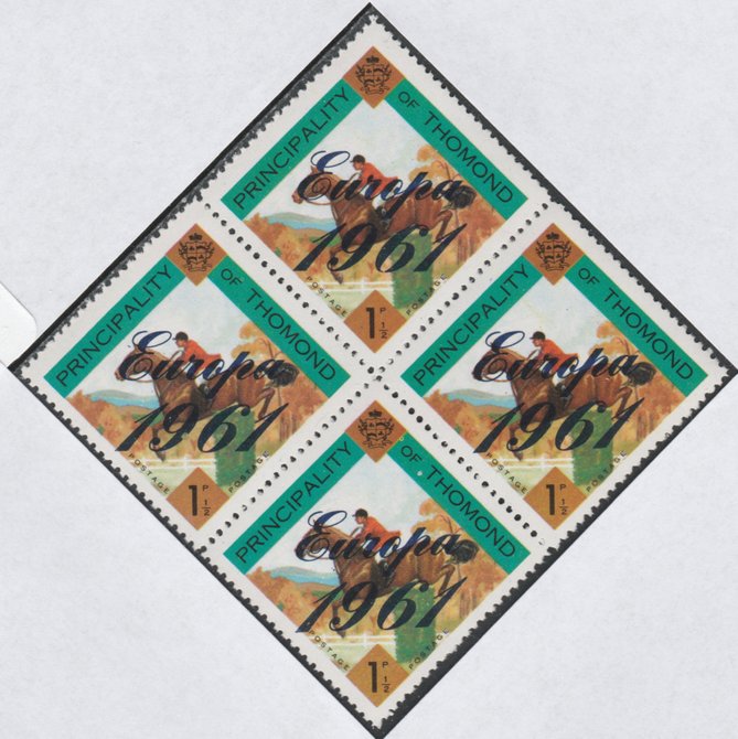 Thomond 1961 Show jumping 1.5d (Diamond-shaped) with Europa 1961 overprint unmounted mint block of 4, slight off-set from overprint on gummed side, stamps on europa  horses   sport       show-jumping